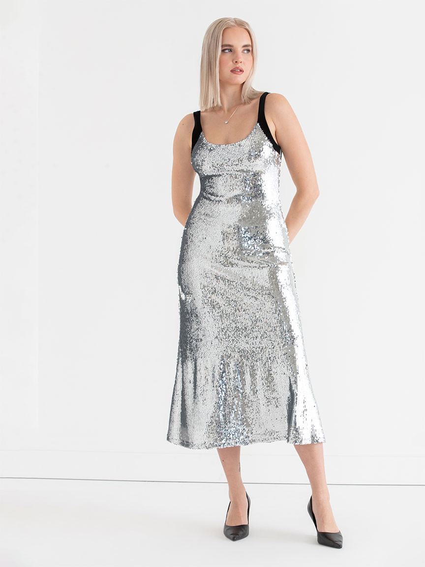 Sequin Midi Dress in Silver Sequins