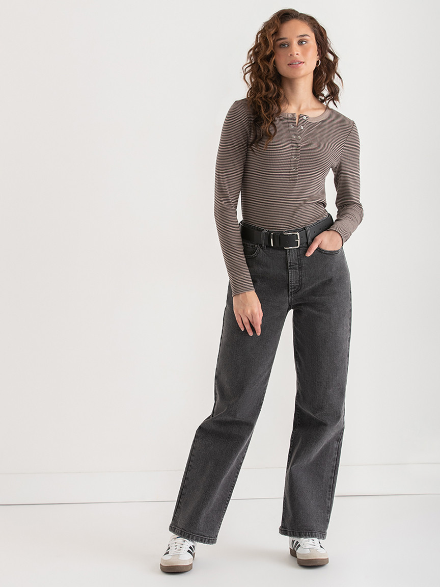 Long Sleeve Henley Shirt Fungi  with Black Stripe