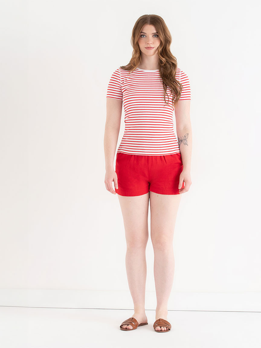 Short Sleeve Ribbed Crew Neck Top in Red/White Stripe