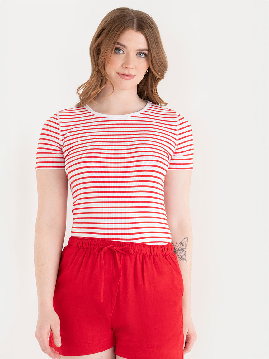 Short Sleeve Ribbed Crew Neck Top in Red/White Stripe