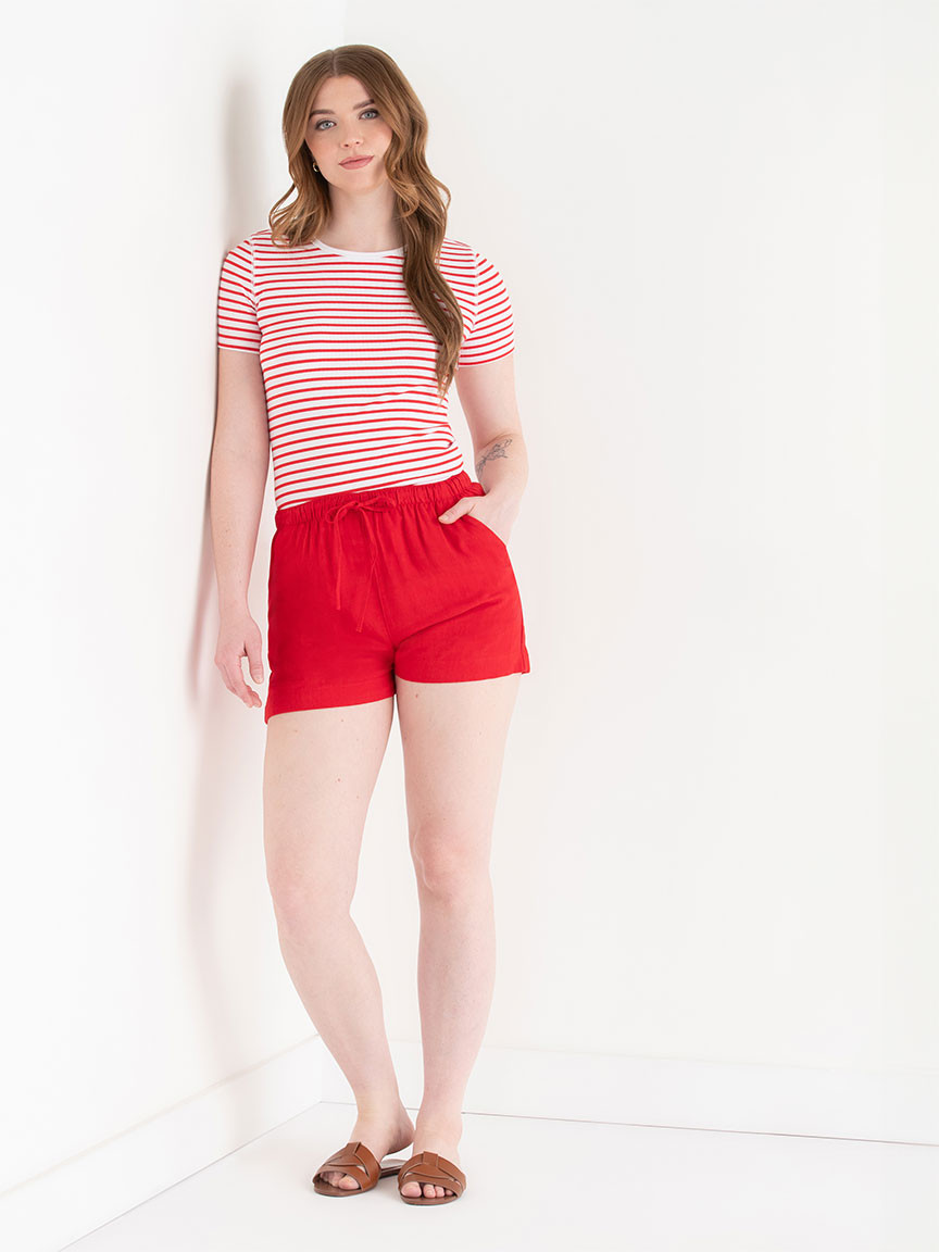 Short Sleeve Ribbed Crew Neck Top in Red/White Stripe