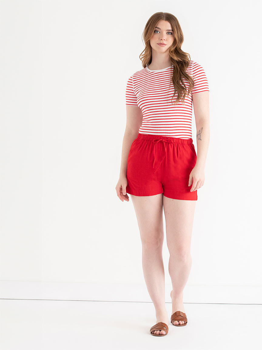Short Sleeve Ribbed Crew Neck Top Red/White Stripe