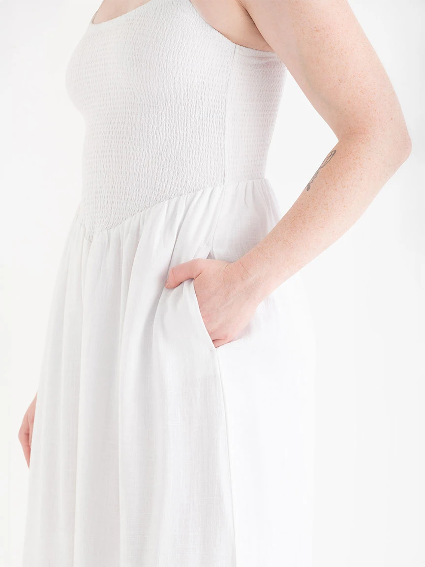 Linen Strappy Smocked Dress in White