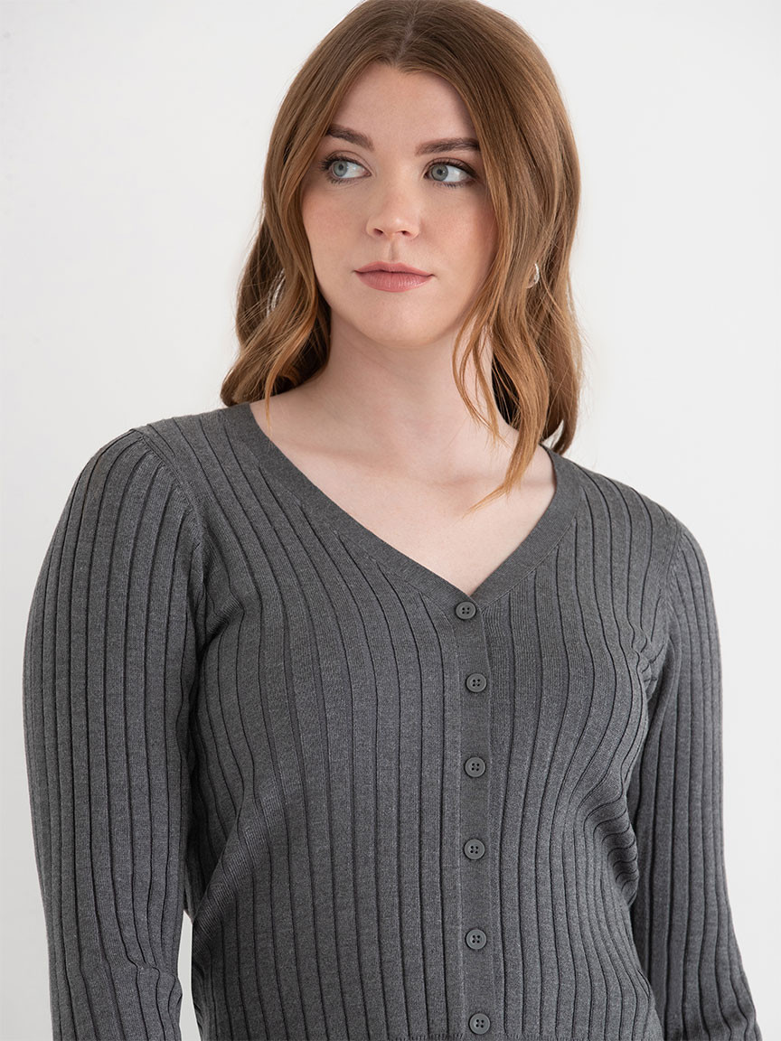 V-Neck Rib Cardigan in Heather Grey in Medium Heather Grey