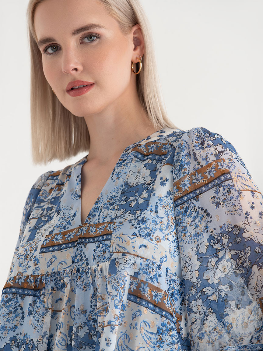 Peasant Blouse with Puff Sleeves Blue Paisley