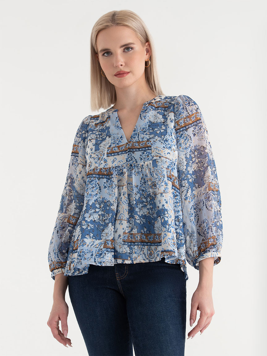 Peasant Blouse with Puff Sleeves Blue Paisley