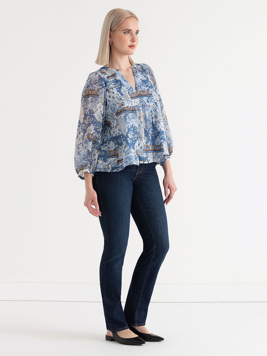 Peasant Blouse with Puff Sleeves Blue Paisley