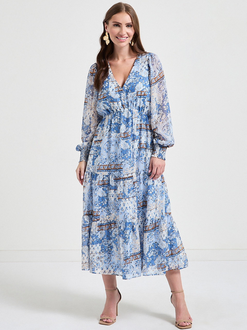 Long Sleeve Maxi Boho Dress Blue Paisley