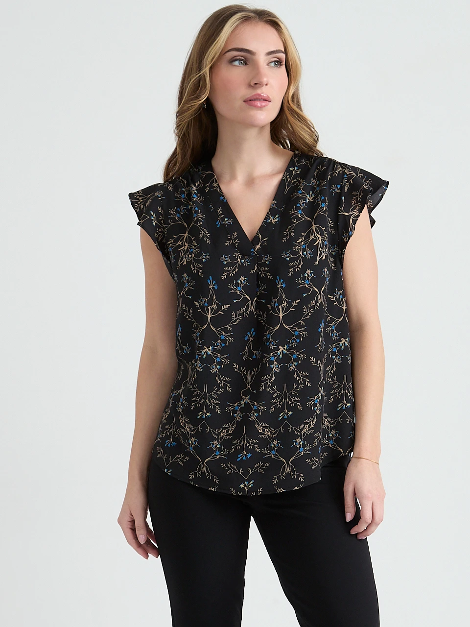 Short Flutter Sleeve V-Neck Blouse