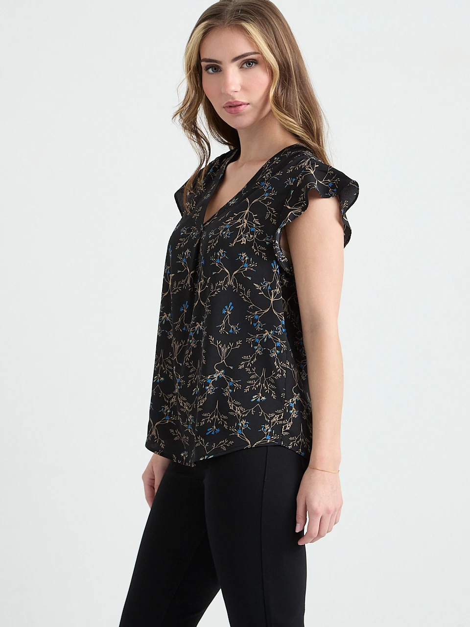 Short Flutter Sleeve V-Neck Blouse