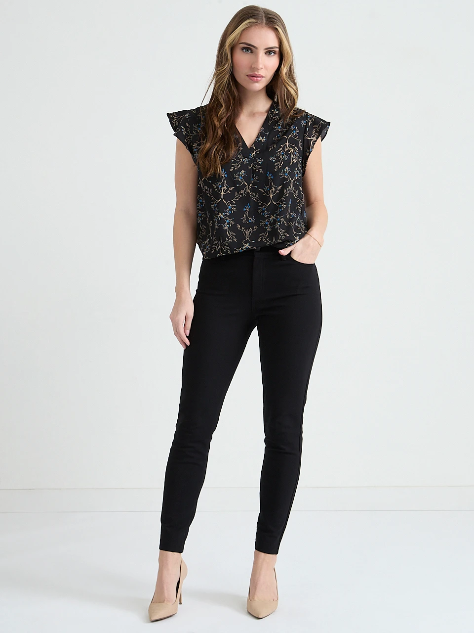 Short Flutter Sleeve V-Neck Blouse