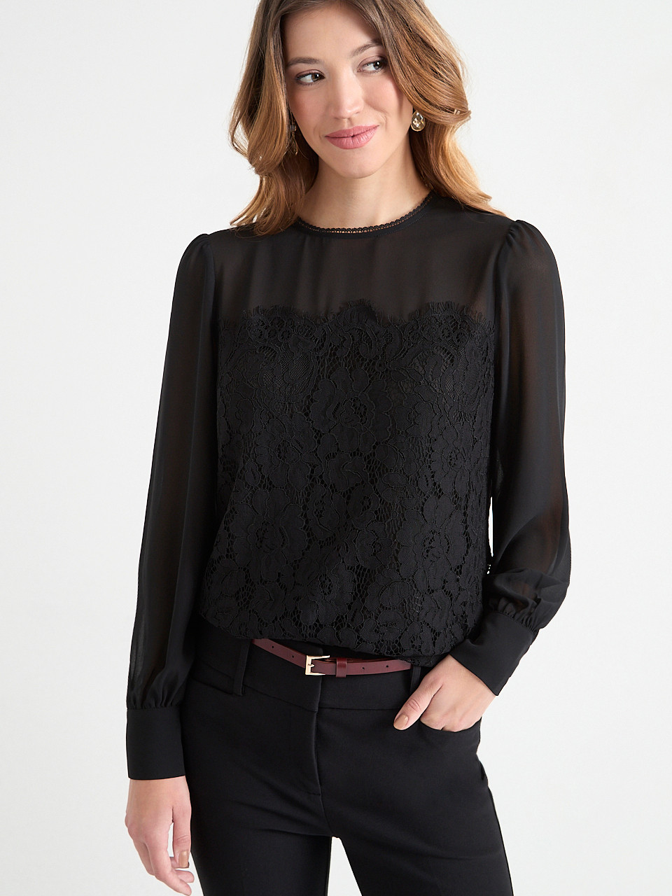 BLS-LS LACE ILLUSION BLOUSE 3000013636 | Ricki's