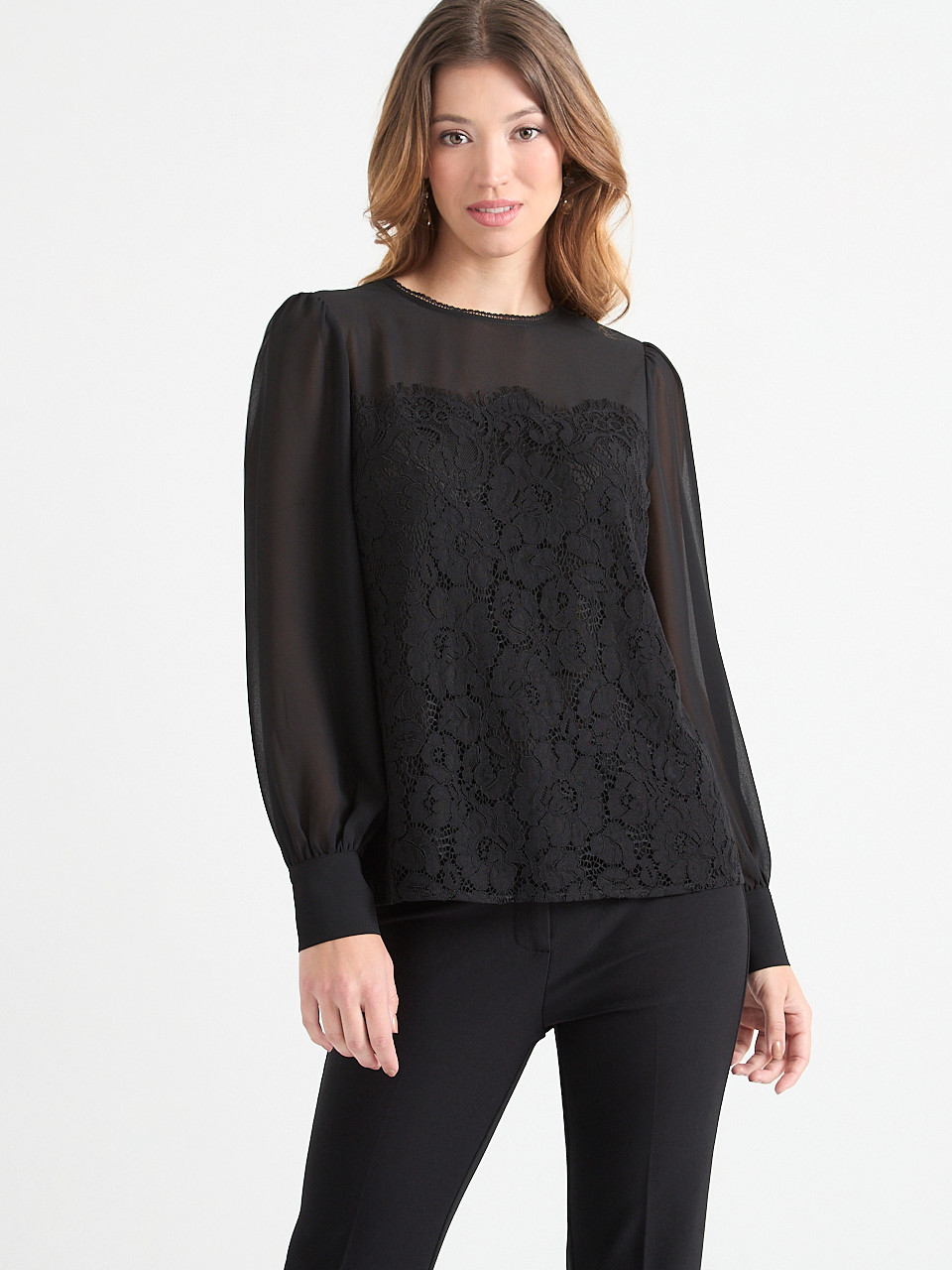 Long Sleeve Lace Illusion Blouse