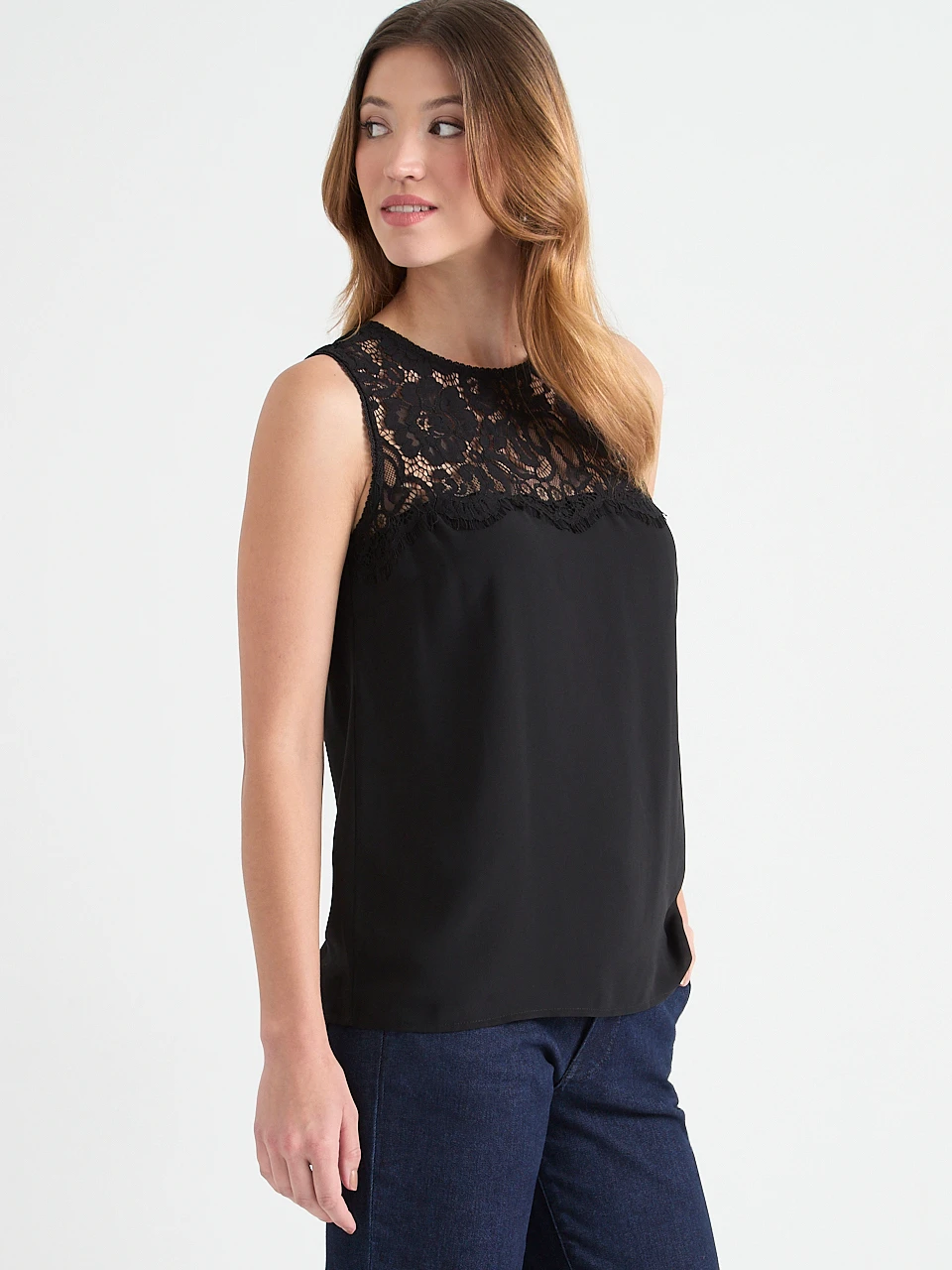 Lace Yoke Sleeveless Blouse