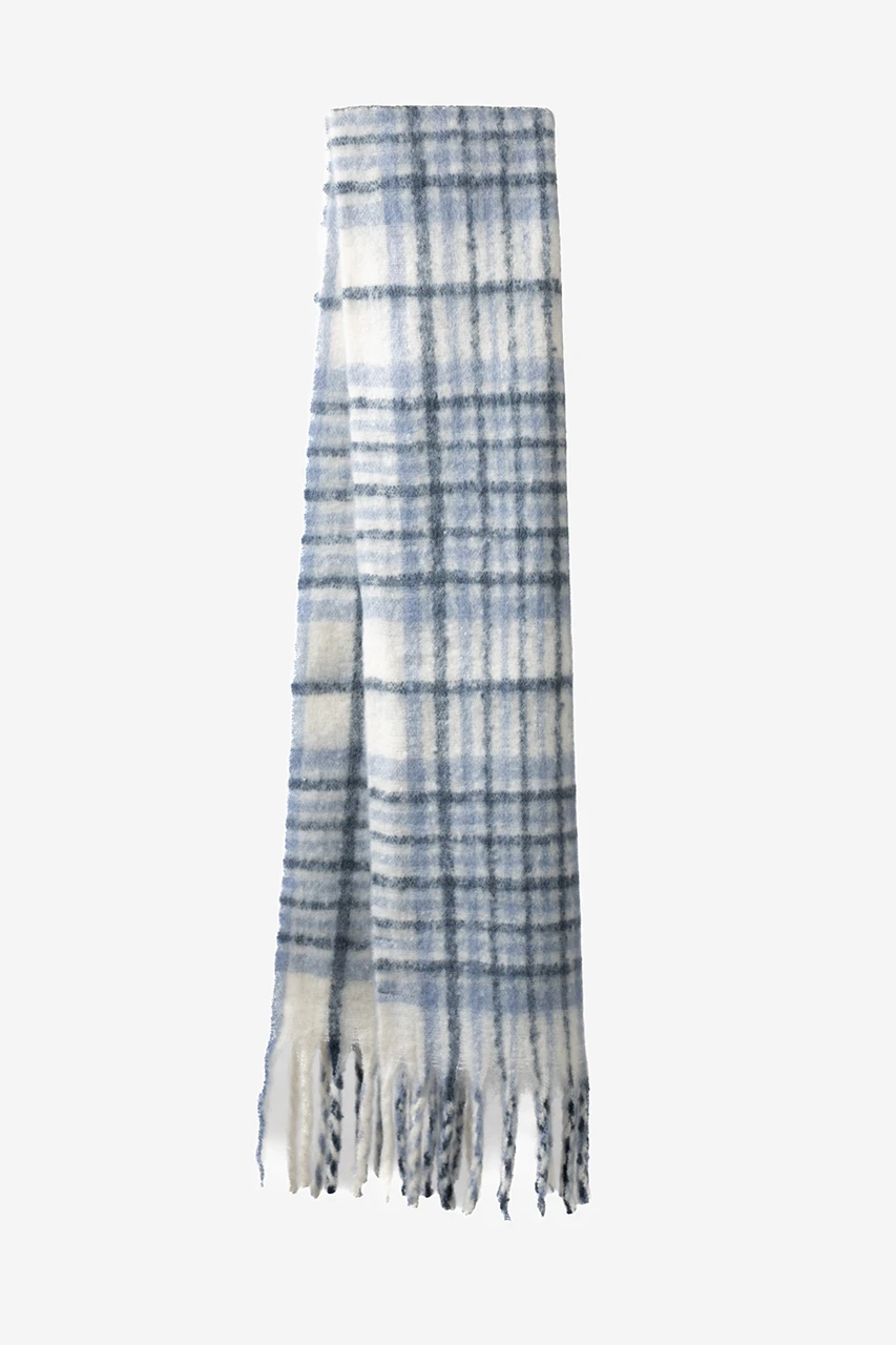 Chunky Fringe Blue Plaid Scarf