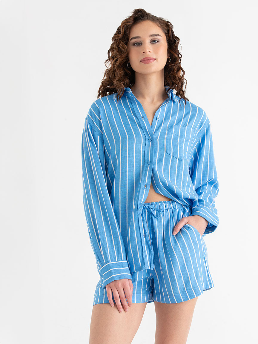 Viscose Linen Drawstring Shorts in Azure Blue Stripe