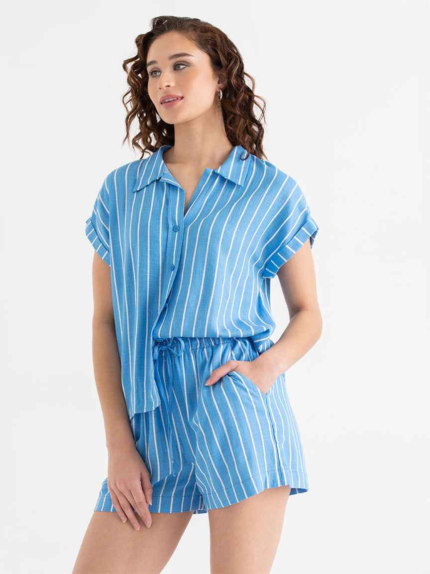 Short Sleeve Linen Blend Button Up Blouse Azure Blue Stripe