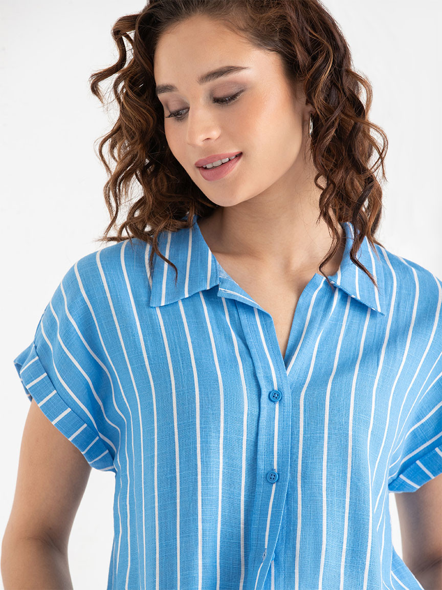 Short Sleeve Linen Blend Button Up Blouse Azure Blue Stripe