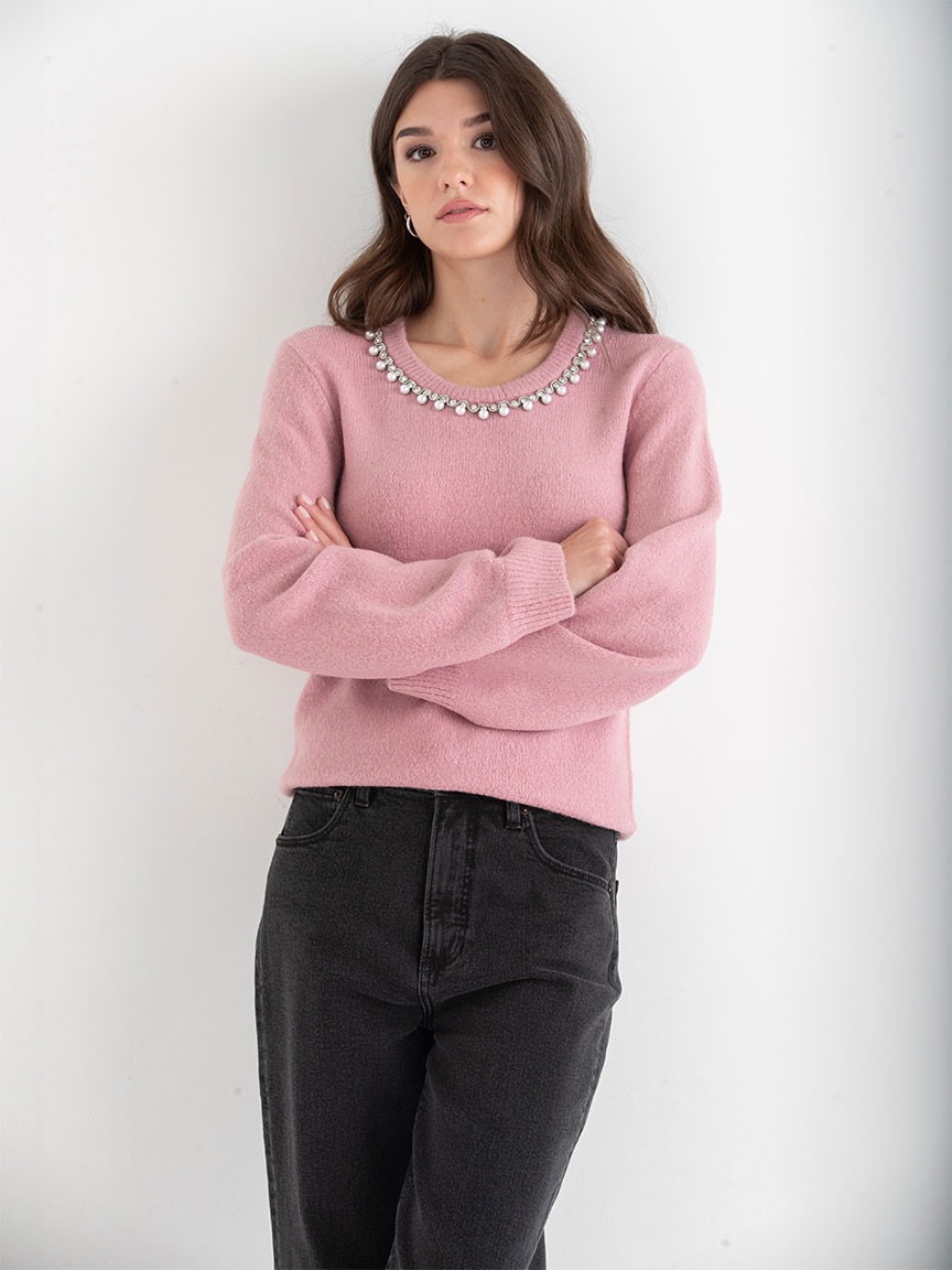 Jewel Necklace Pullover Sweater Lilas