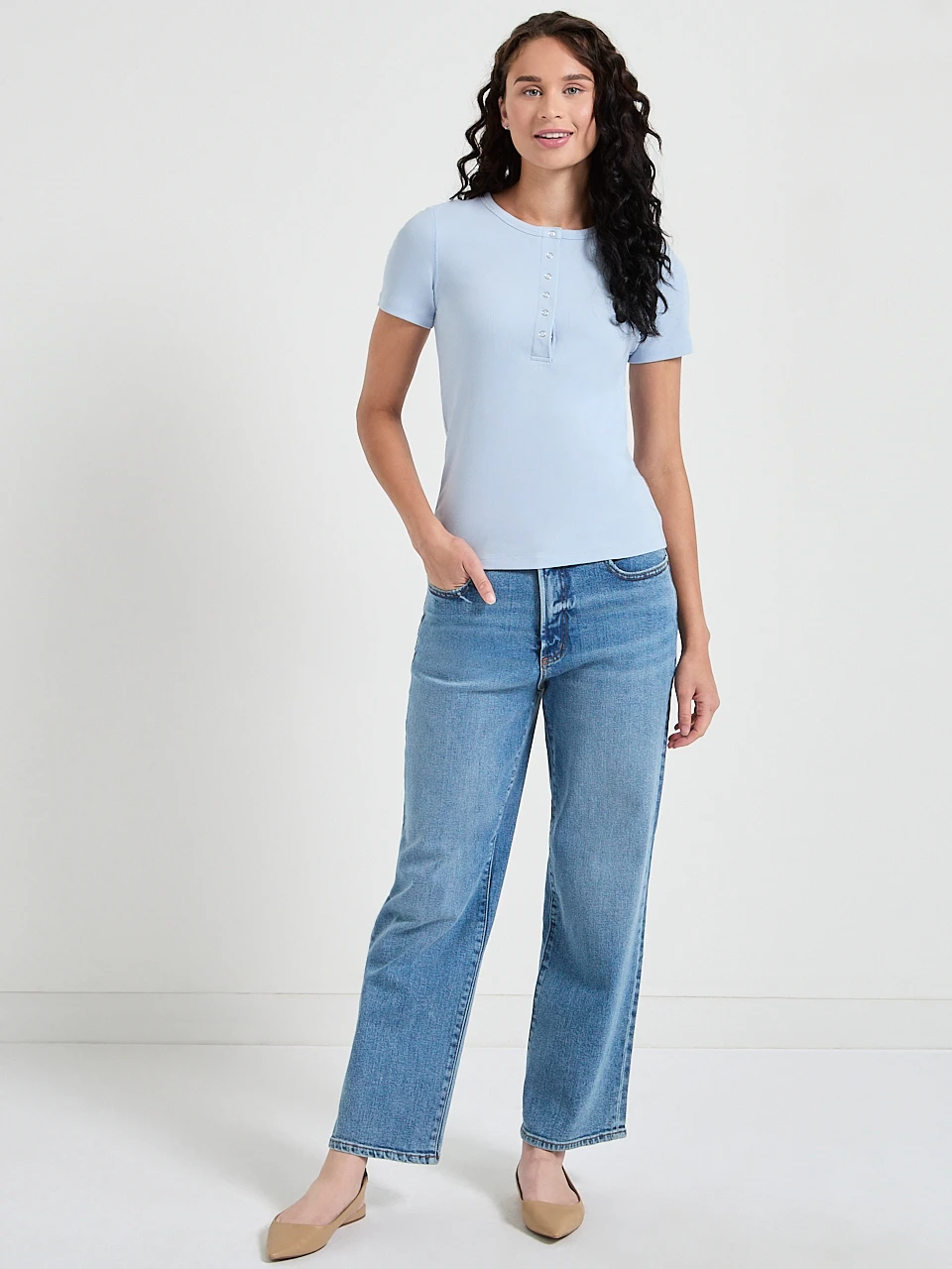 Short Sleeve Henley Knit Top in Kentucky Blue