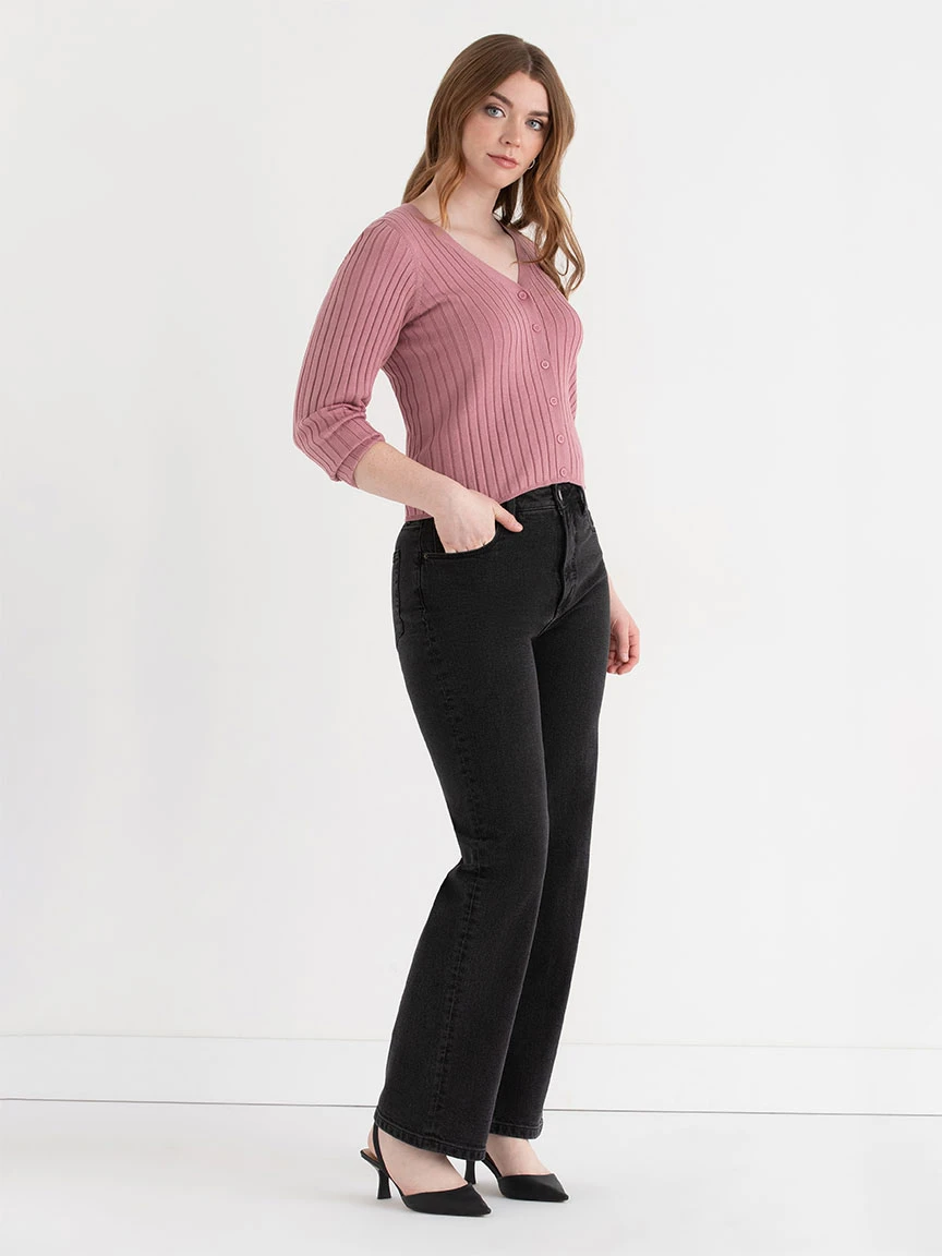 V-Neck Long Sleeve Rib Cardigan in Lilas