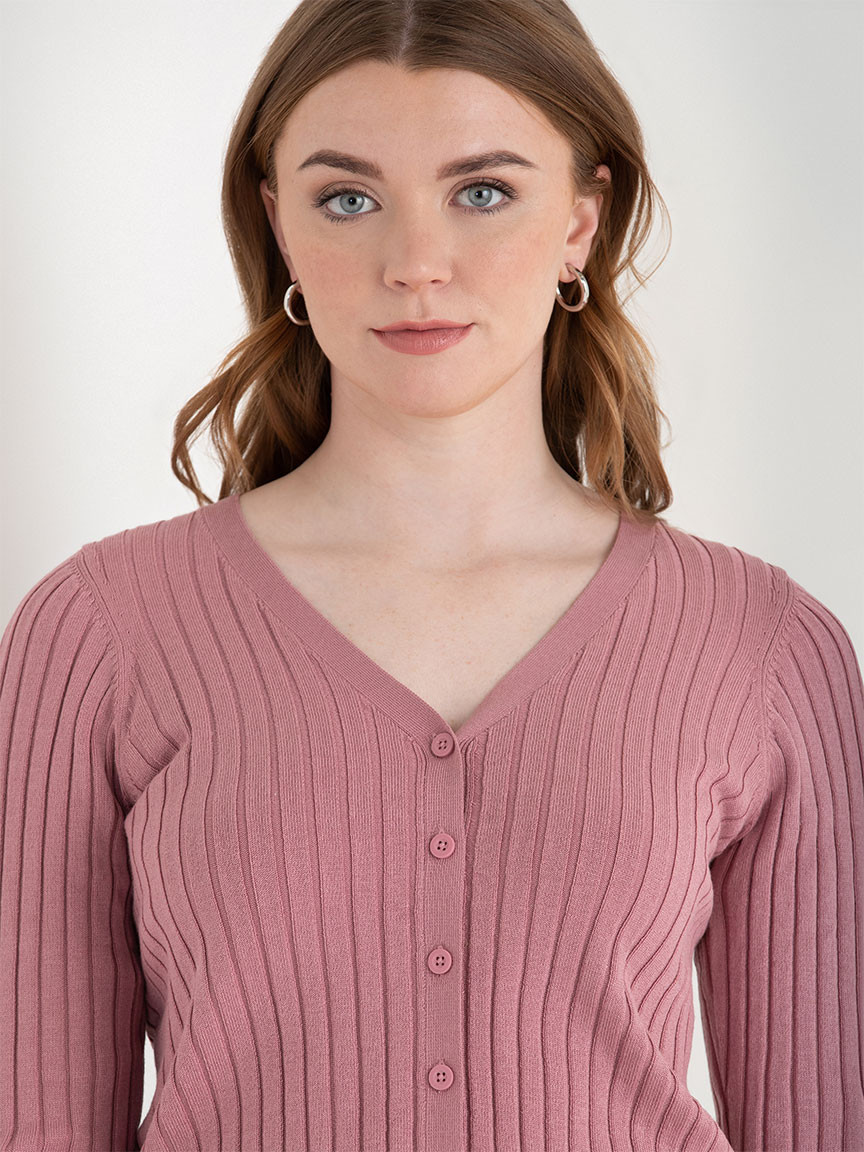 V-Neck Long Sleeve Rib Cardigan Lilas