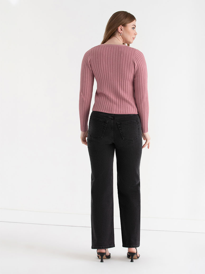 V-Neck Long Sleeve Rib Cardigan in Lilas