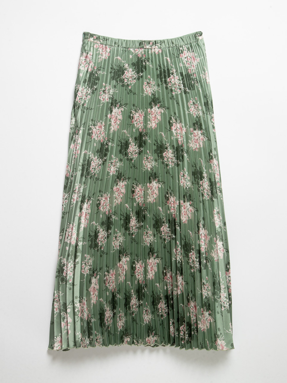 Pleated Satin Skirt Sage Floral