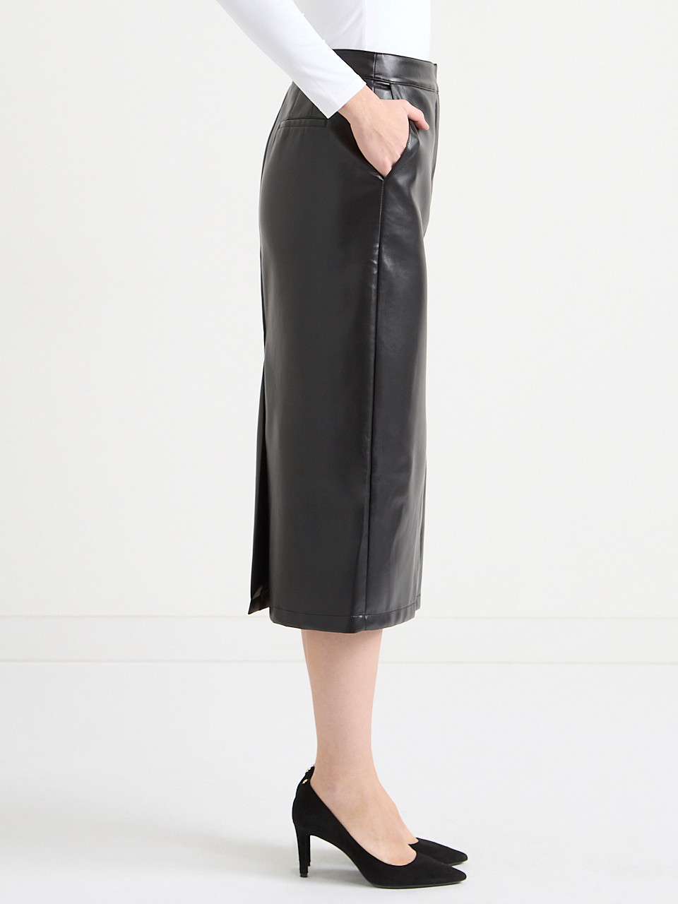 Black Faux Leather Midi Skirt
