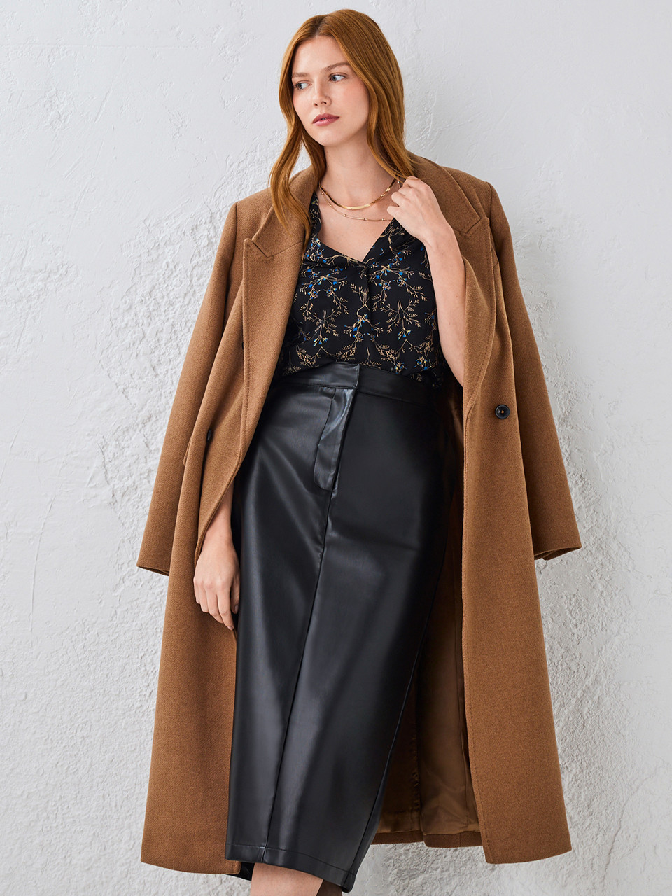 Black Faux Leather Midi Skirt