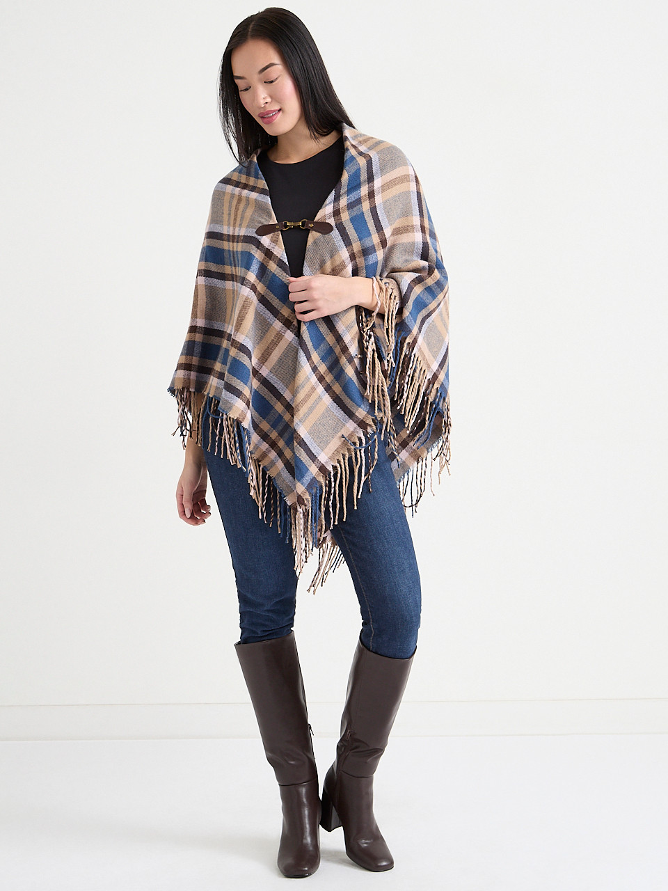 Plaid Shawl with Fringe and Front Closure | Ricki's