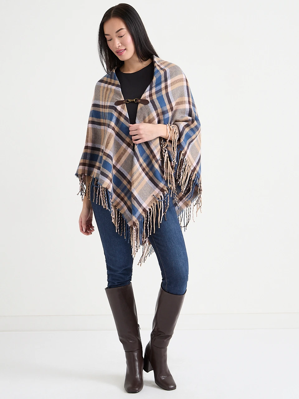 Plaid Shawl with Fringe and Front Closure