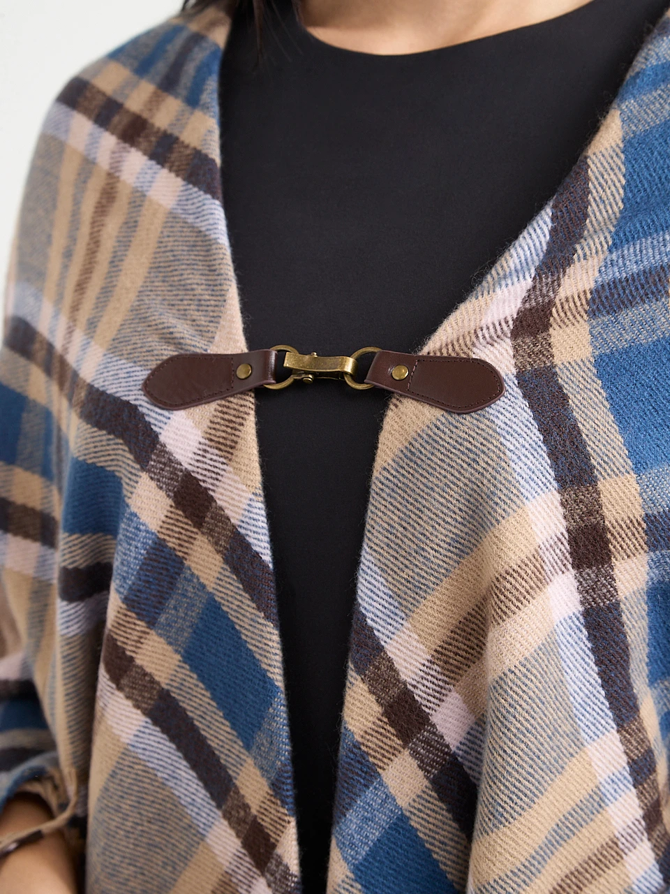 Plaid Shawl with Fringe and Front Closure