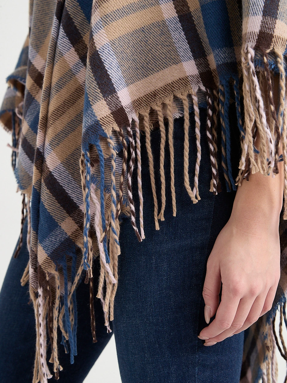 Plaid Shawl with Fringe and Front Closure