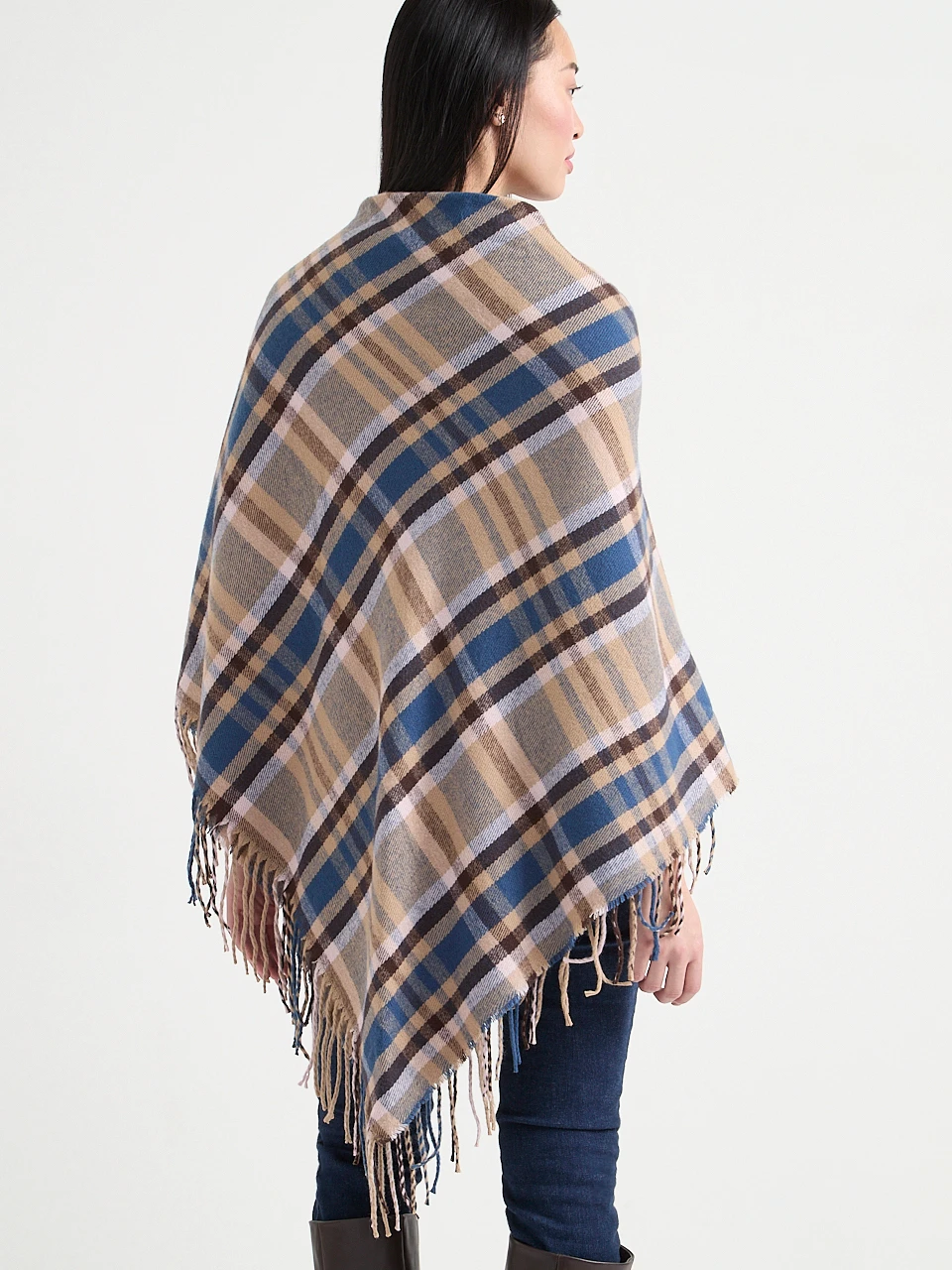Plaid Shawl with Fringe and Front Closure