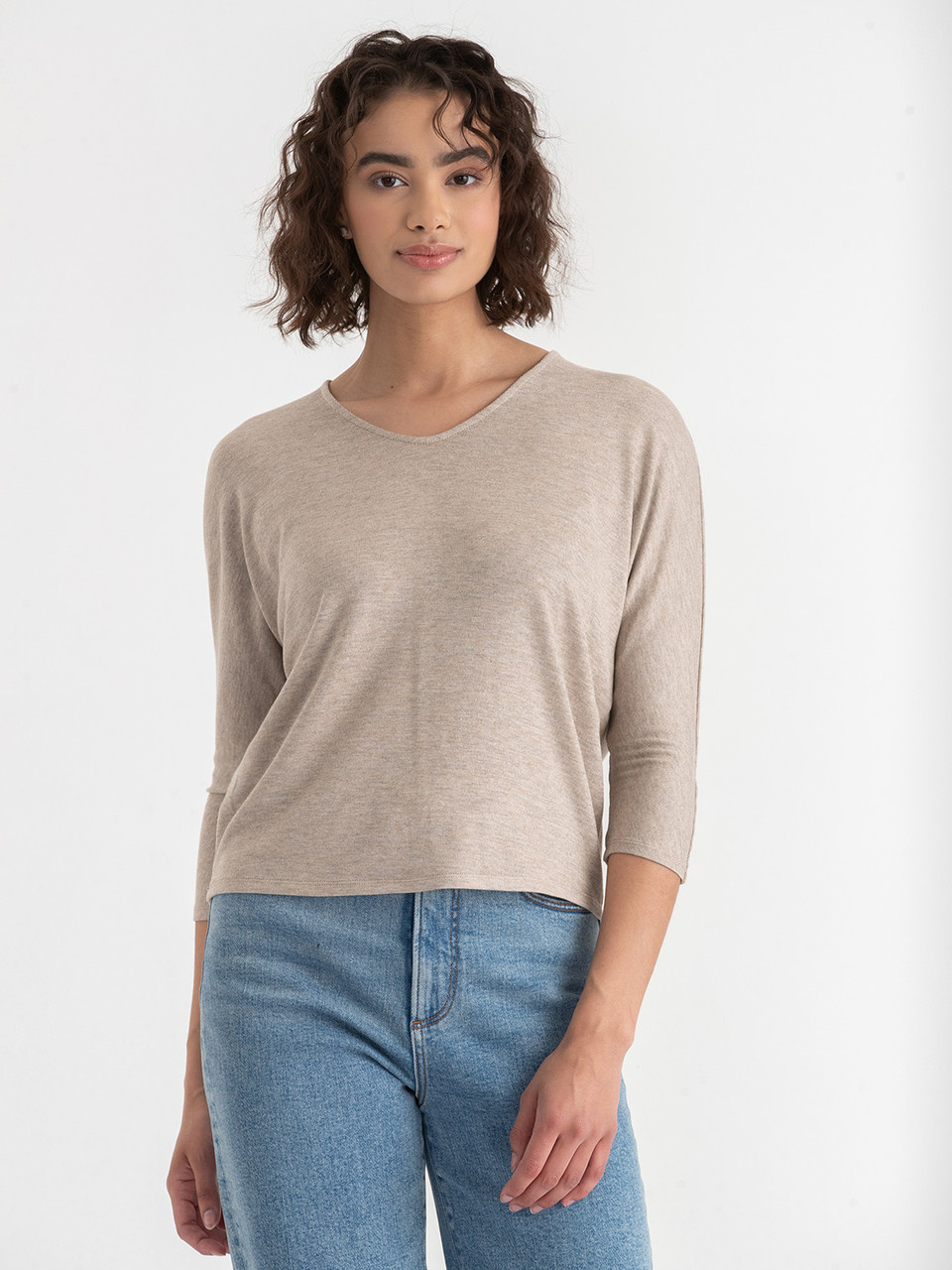 Easy V-Neck Hacci Knit Top in Brown