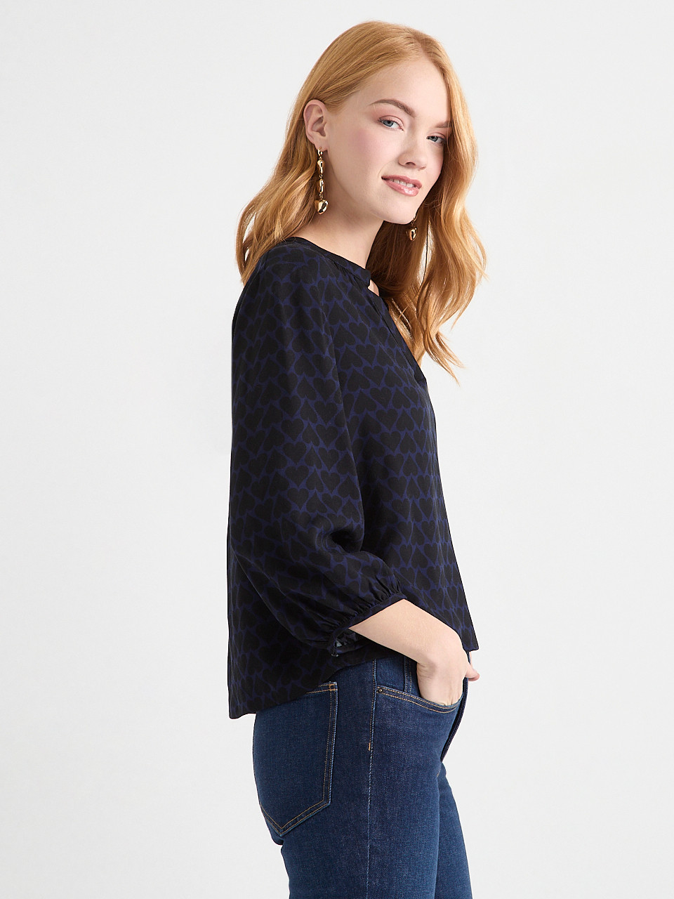 Bubble Sleeve Henley Blouse