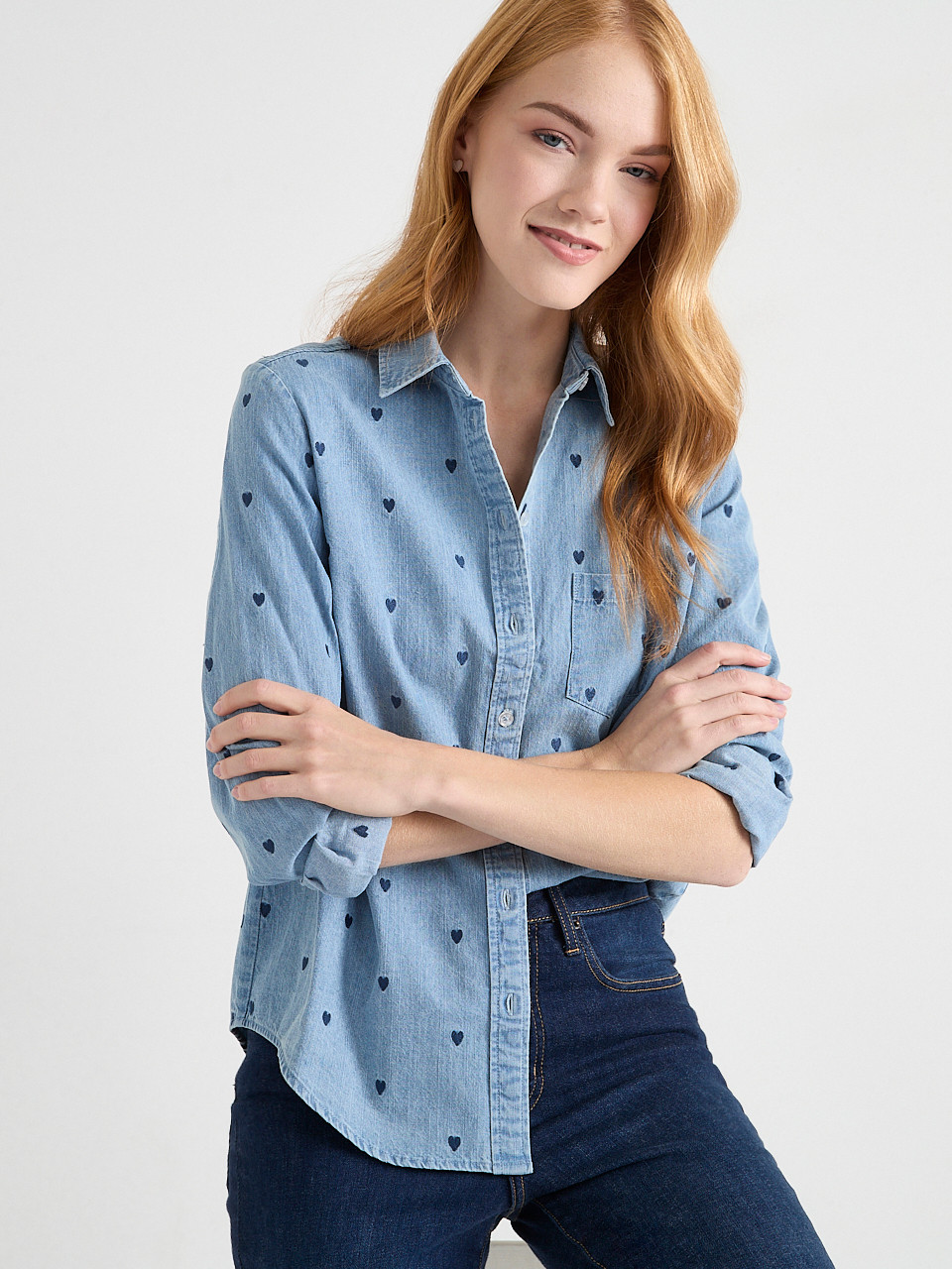Denim Shirt with Embroidered Hearts