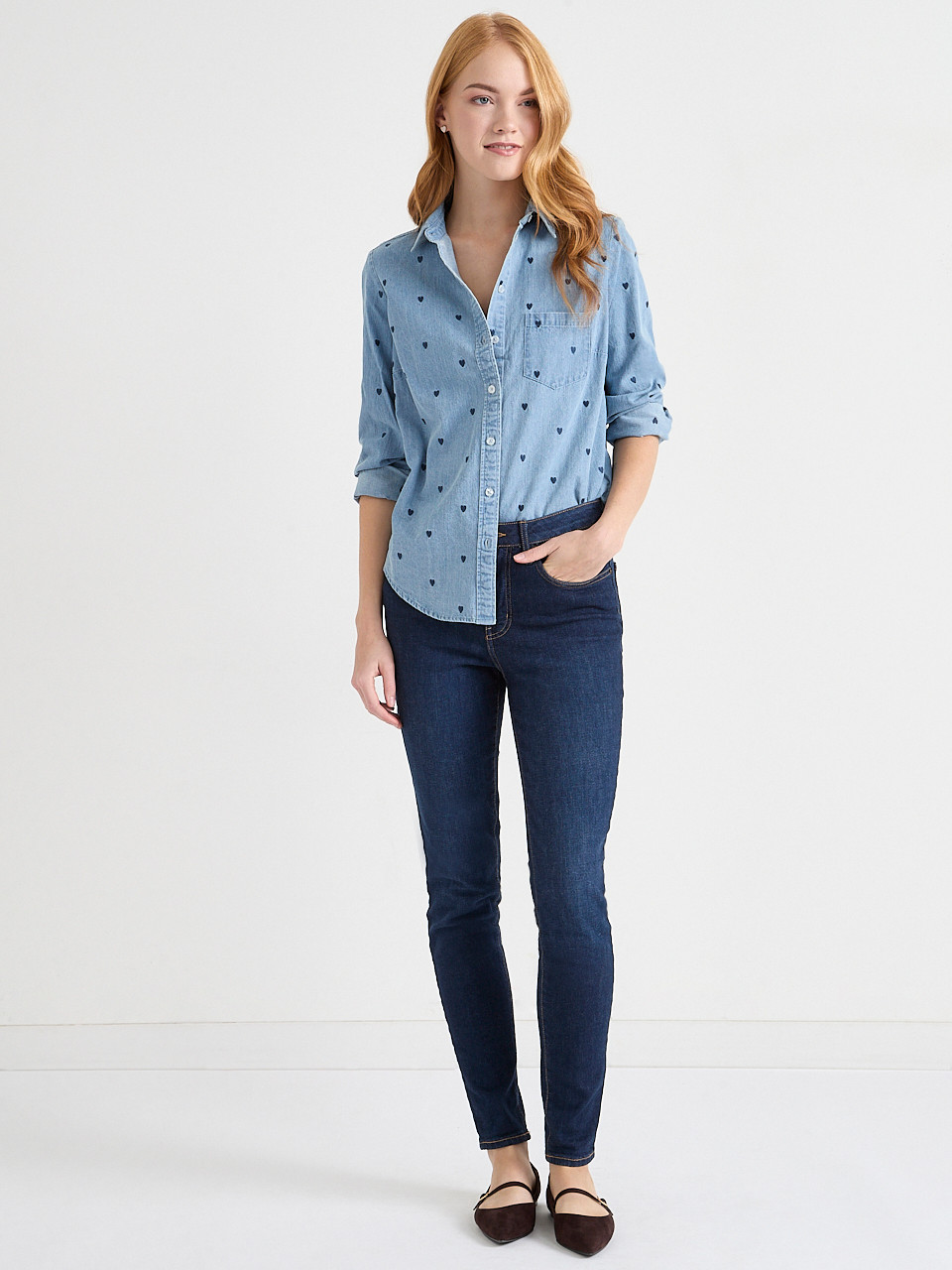 Denim Shirt with Embroidered Hearts