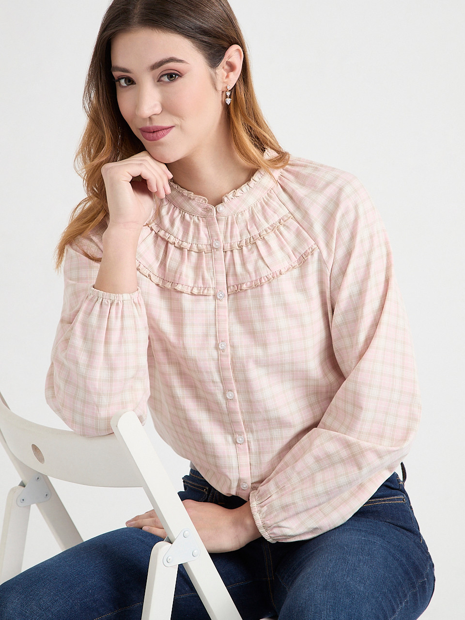 Long Sleeve Plaid Ruffle Blouse