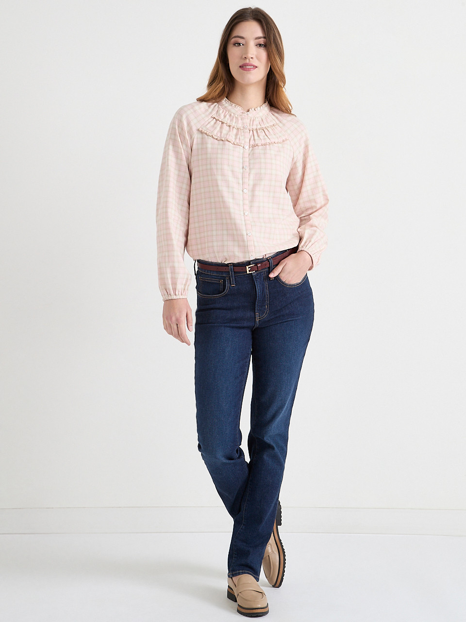 Long Sleeve Plaid Ruffle Blouse