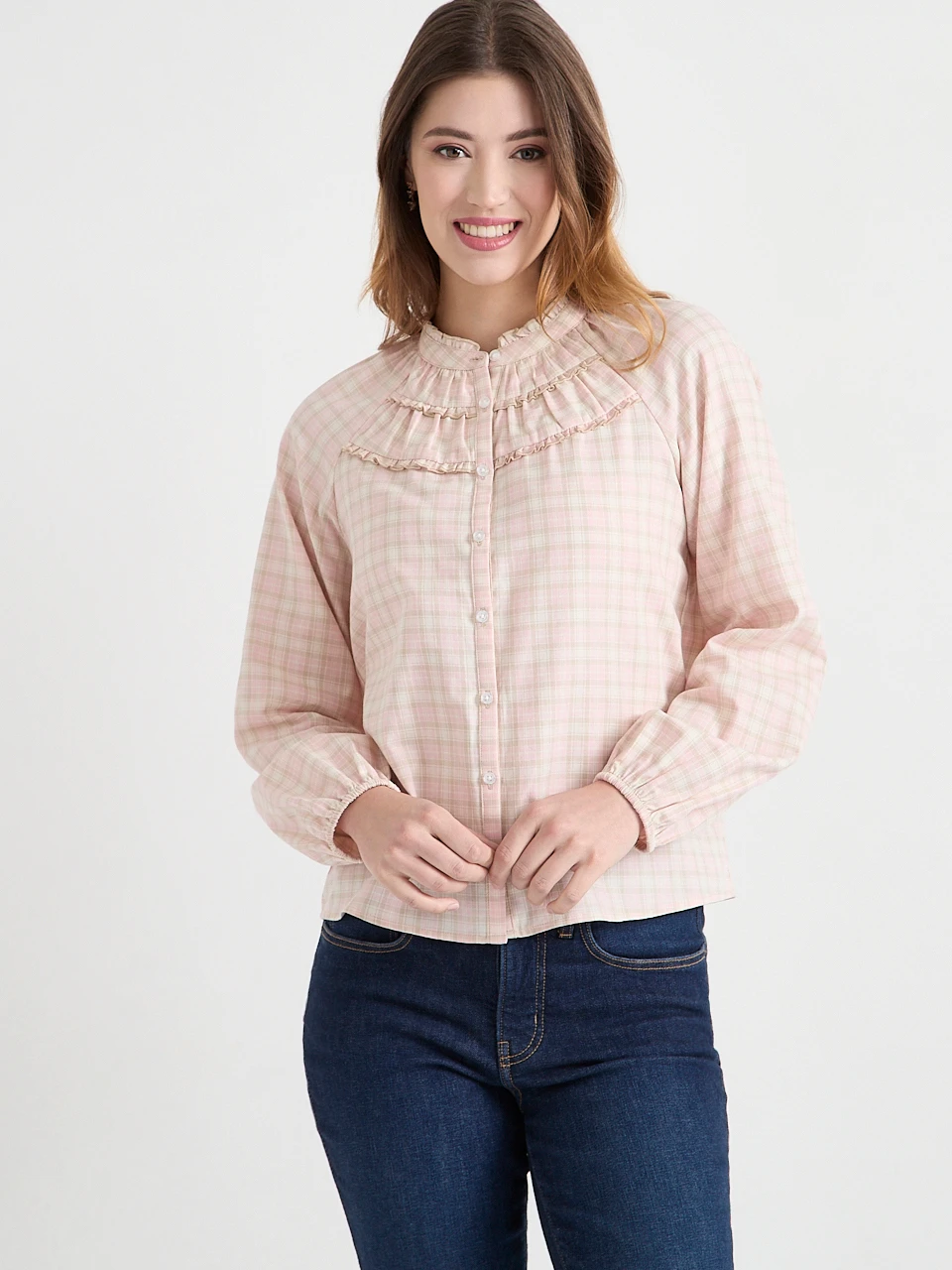 Long Sleeve Plaid Ruffle Blouse