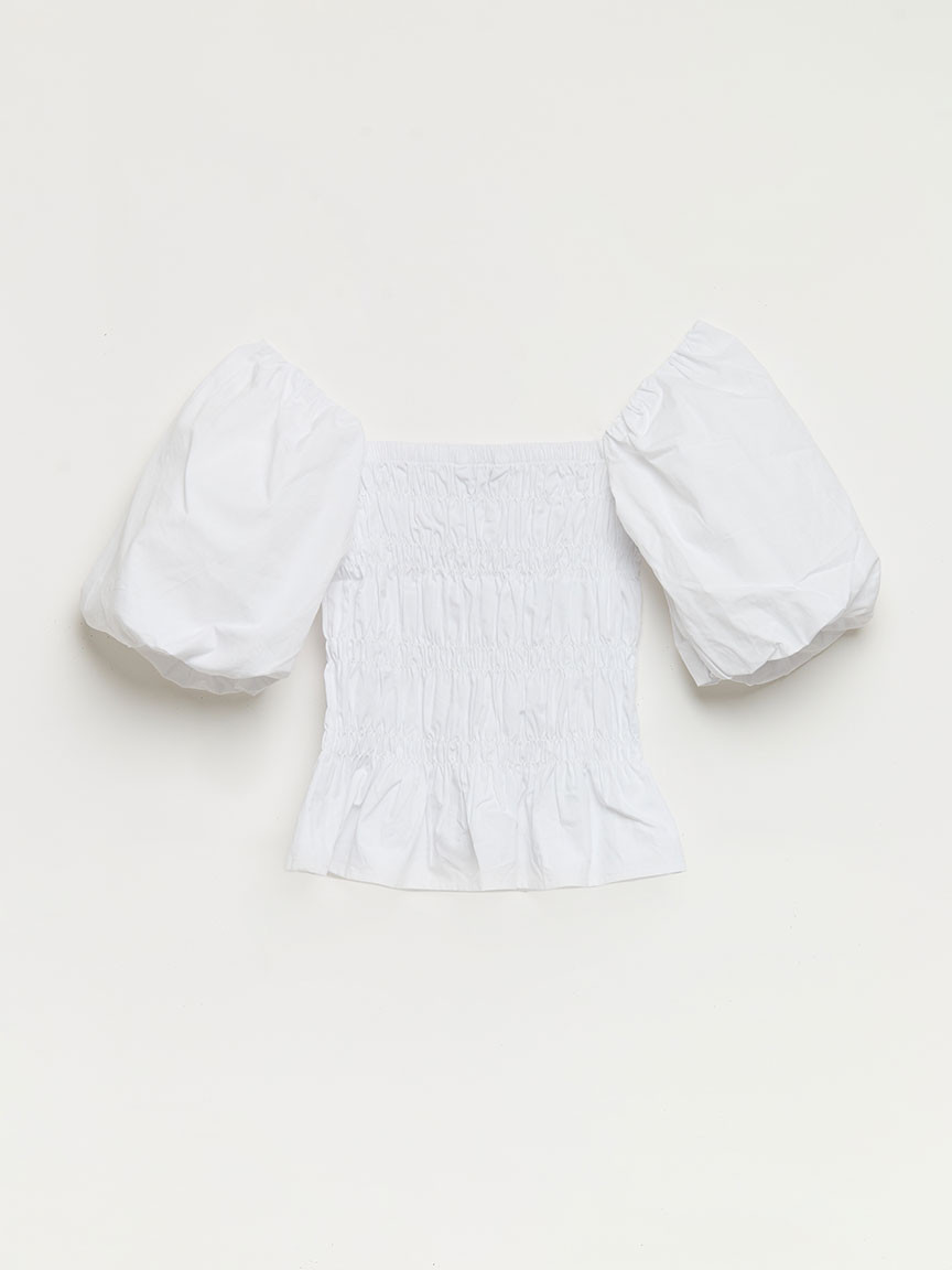 Poplin Short Puff Sleeve Top in White