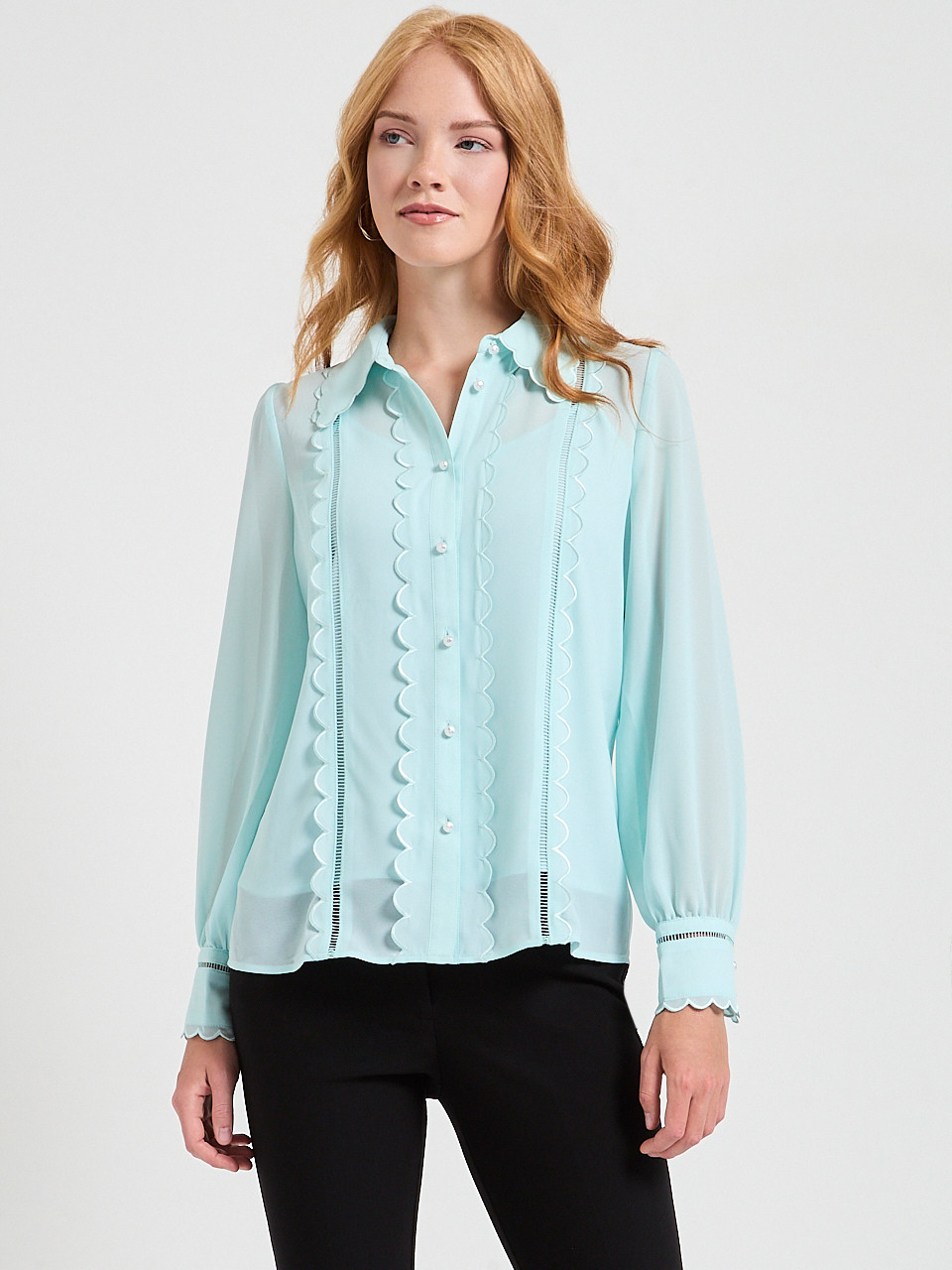 Long Sleeve Scallop Detail Blouse in Pastel Blue