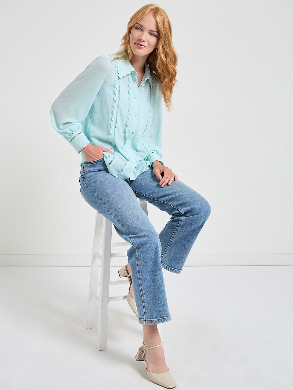 Long Sleeve Scallop Detail Blouse in Pastel Blue
