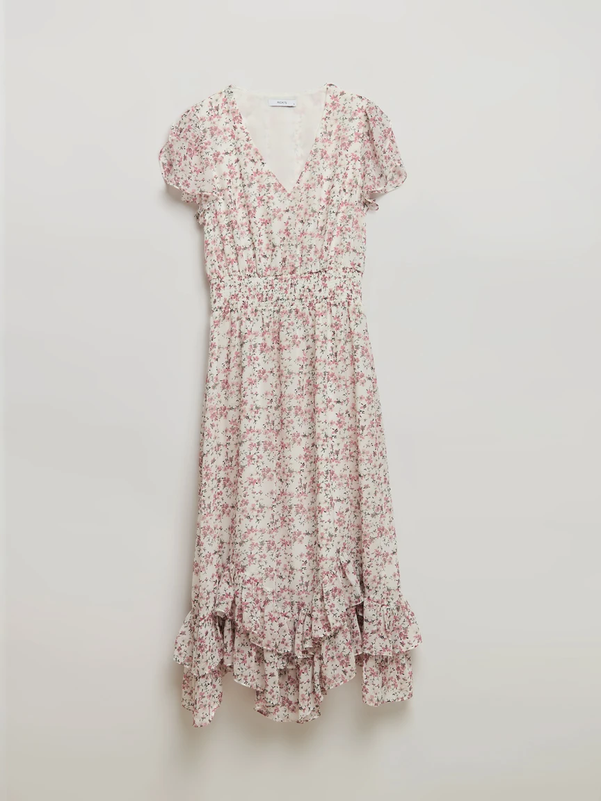Chiffon Handkerchief Hem Ruffle Dress in Wht Grnd Floral Prnt