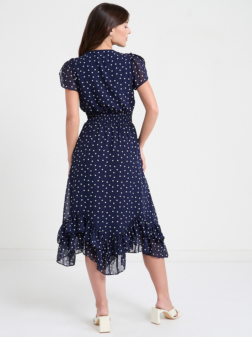 Chiffon Handkerchief Hem Ruffle Dress Wht Grnd Floral Prnt