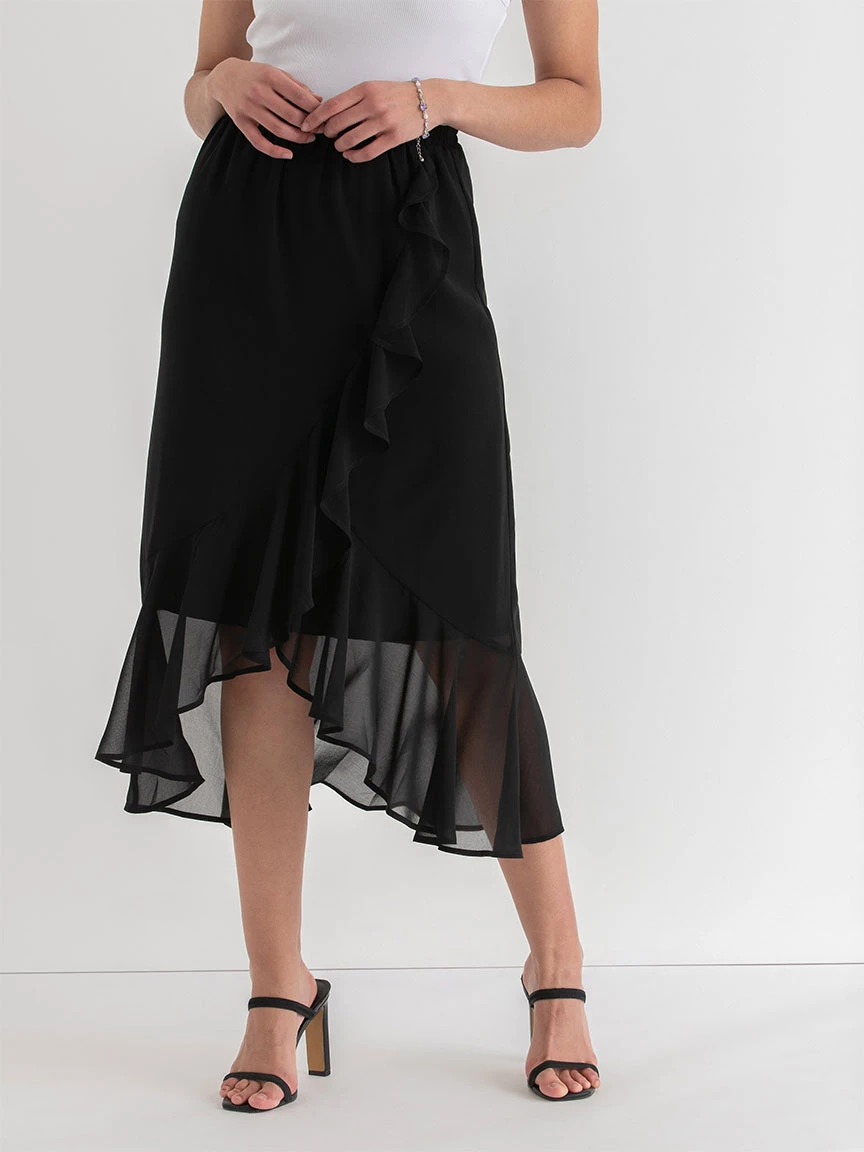 Chiffon Ruffle Midi Skirt in Black