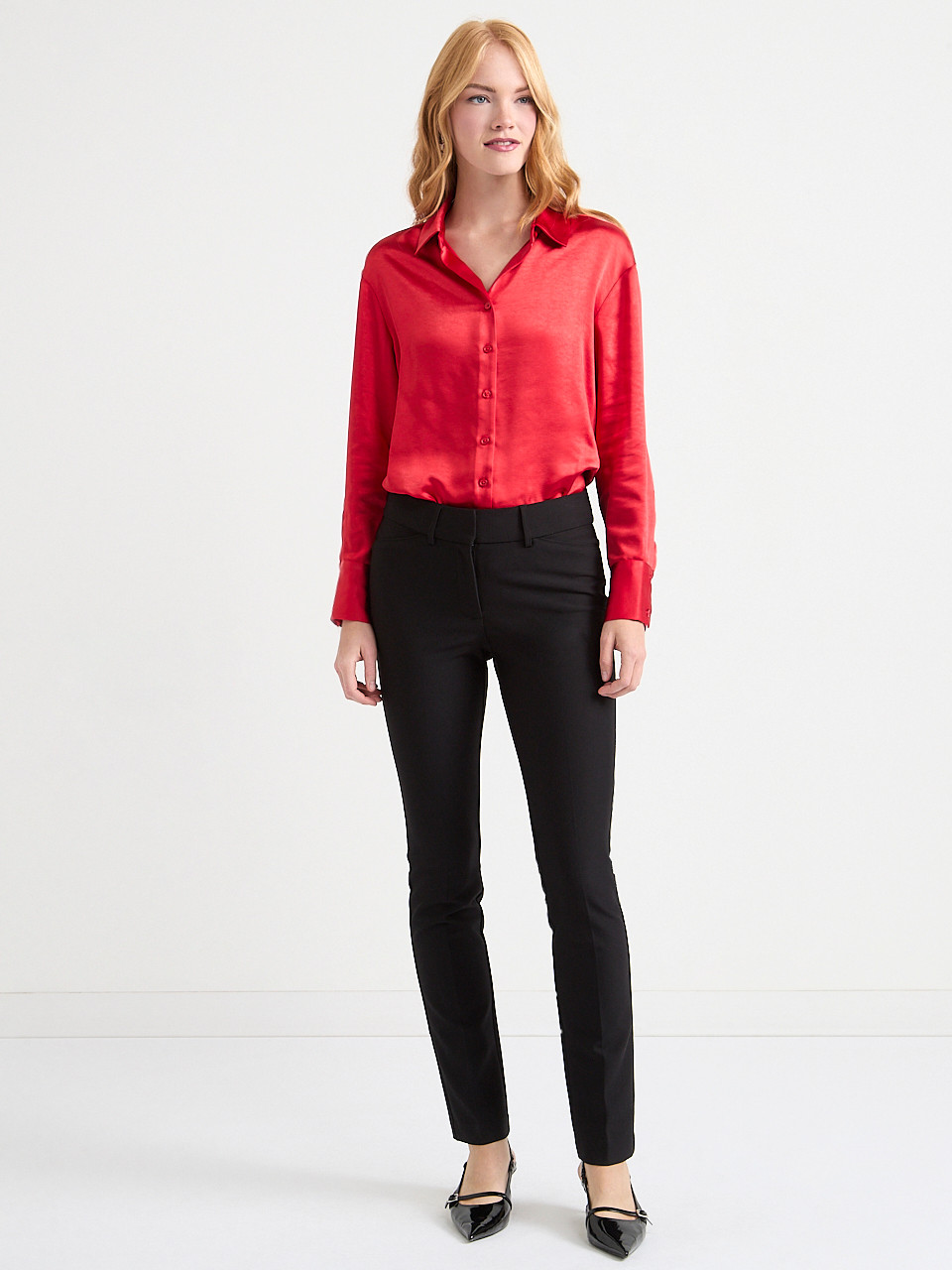 Long Sleeve Satin Blouse in Red