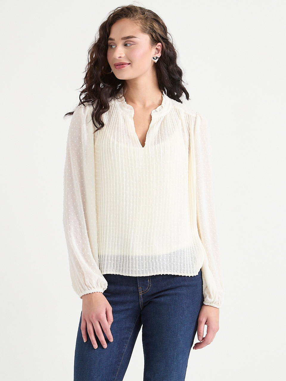 Long Sleeve Henley Swiss Dot Blouse in Pine Grove